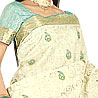 Cream and Sky Blue Color Saree on Cotton Silk