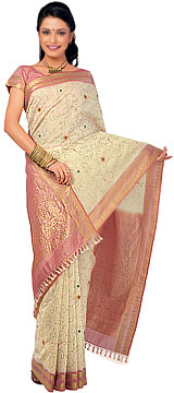 Beige and Light Pink Color Cotton Silk Saree