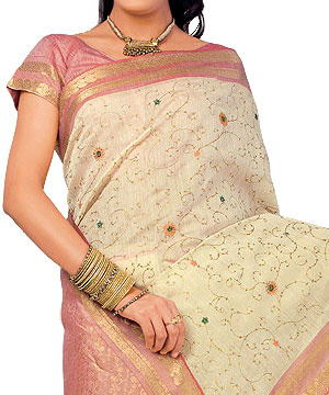 Beige and Light Pink Color Cotton Silk Saree
