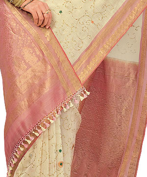 Beige and Light Pink Color Cotton Silk Saree