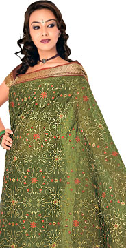 Green and Rust Color Cotton Silk Saree
