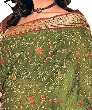 Green and Rust Color Cotton Silk Saree