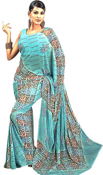 Printed Sky Blue Georgette Saree