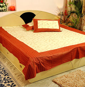 Hand Block Gold Jaal Print Bedcover with Two Pillow Covers