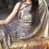 Grey Orange Saree with Silver and Golden Emboss Print