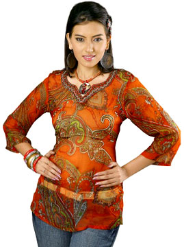 Beautiful Orange Chiffon Kurti with Aari Work