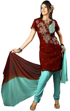 Diwali Gifts, Coffee Brown - Turquoise Green Crepe Suit