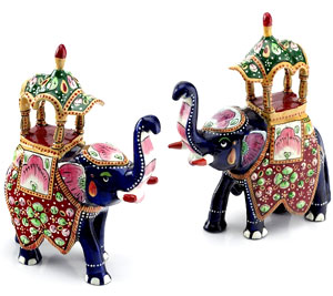 Hand-Painted Enameled Metal Ambabari Elephant Pair