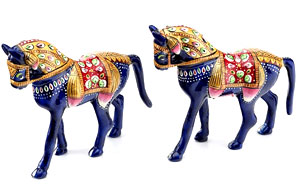 Hand-Painted Enameled Metal Rajwada Horse Pair