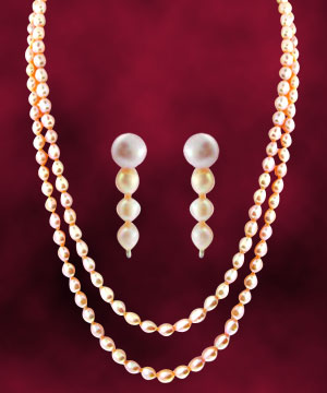 Jagdamba 2 Line Pink Oval Pearl Set