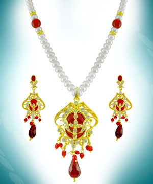 Jagdamba Red Drop Stone Pearl Set