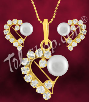 Jagdamba CZ Heart Pearl Pendant Set