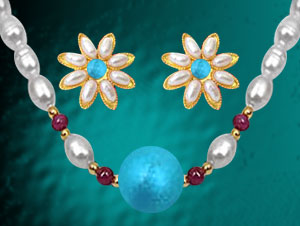 Rakhi Gifts to India, Turquoise & Ruby Pearl Necklace with Earrings