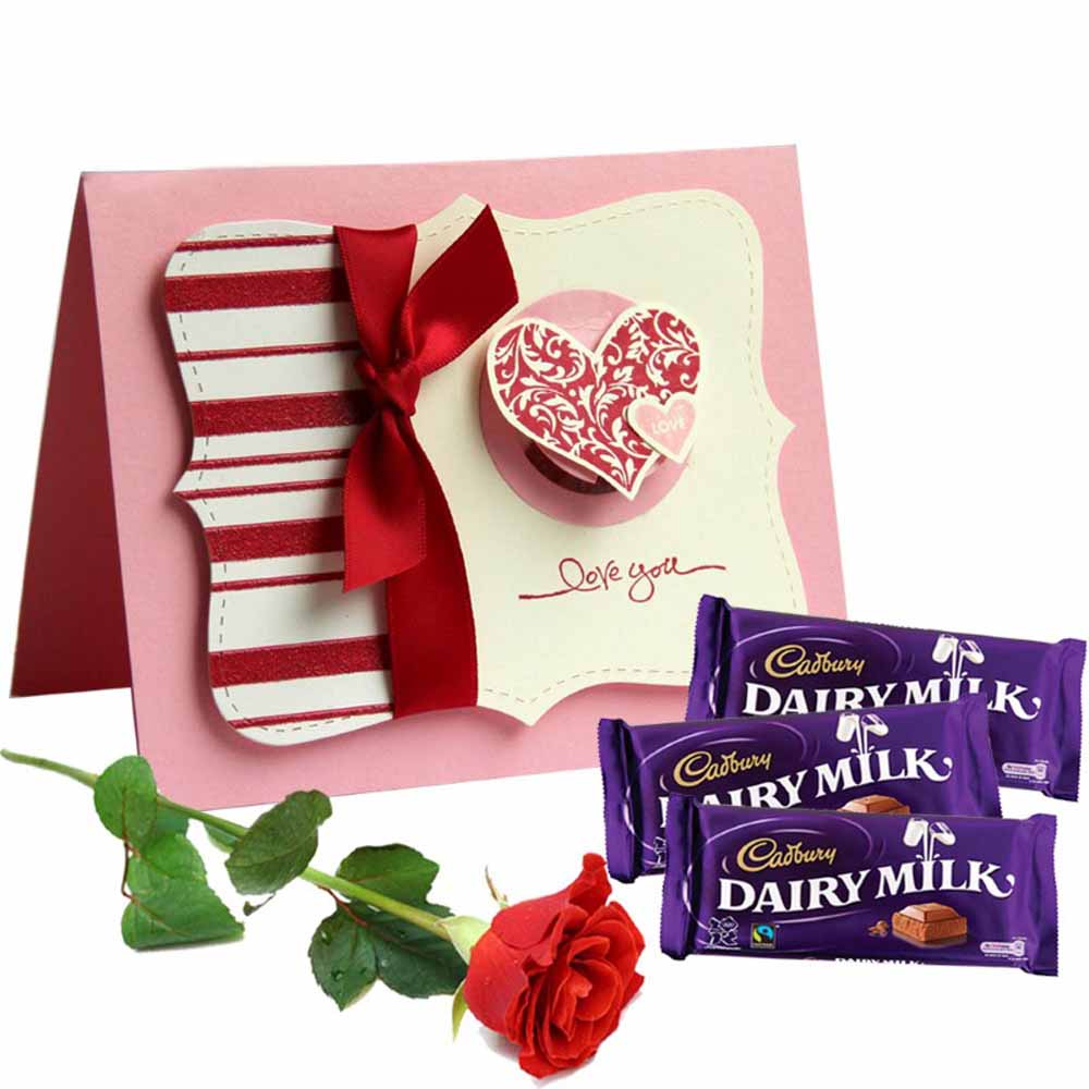 Dairy Milk Chocolate With Love You Card And Single Red Rose- Send